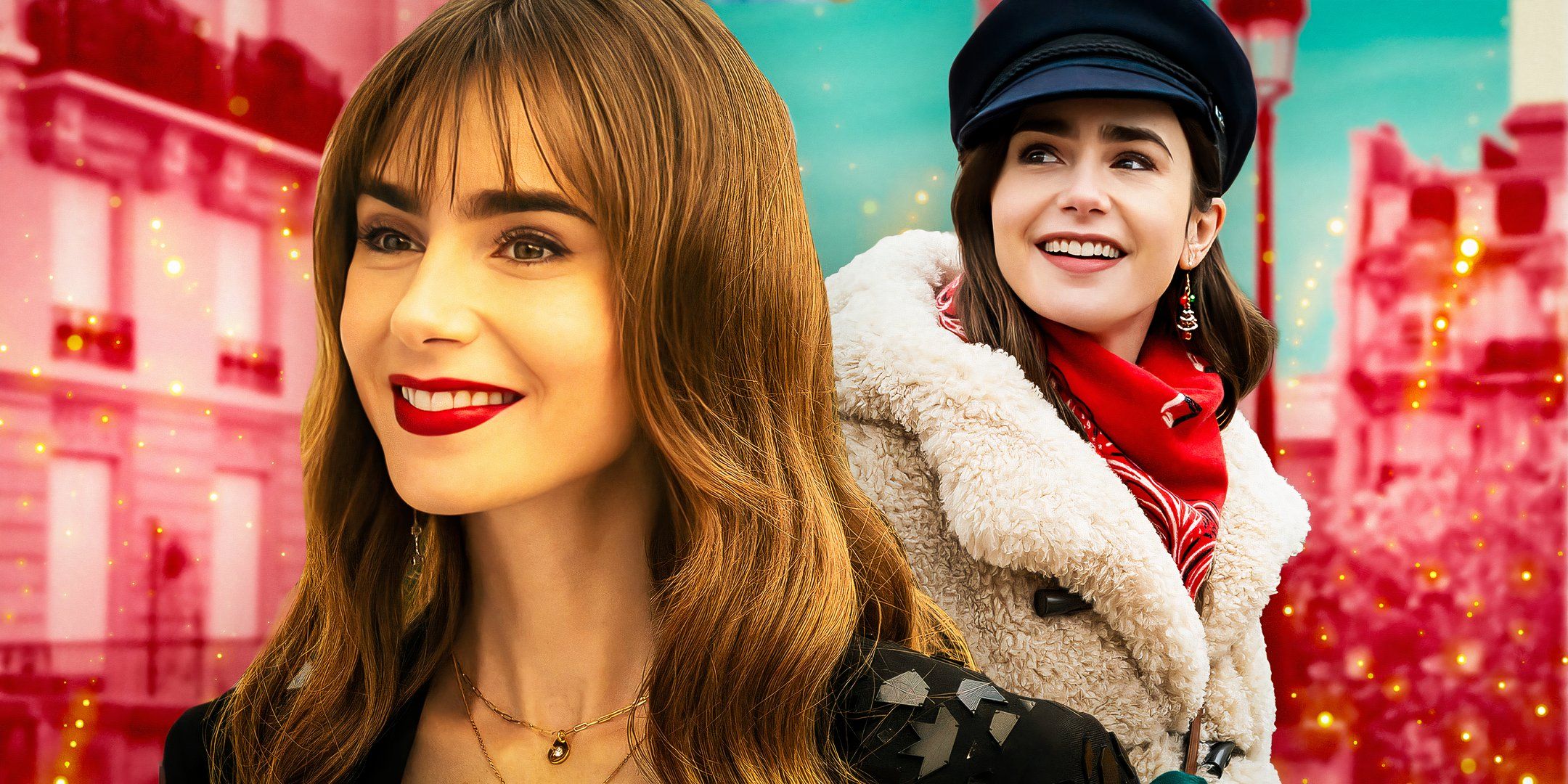 A composite image of Lily Collins as Emily Cooper smiling against a pink Parisian backdrop in Emily in Paris