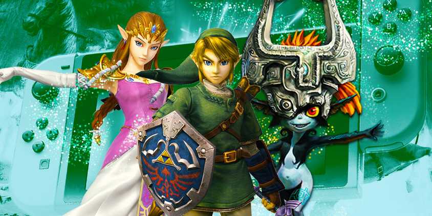 Link, Zelda, and Midna from Twilight Princess in front of a Nintendo Switch.