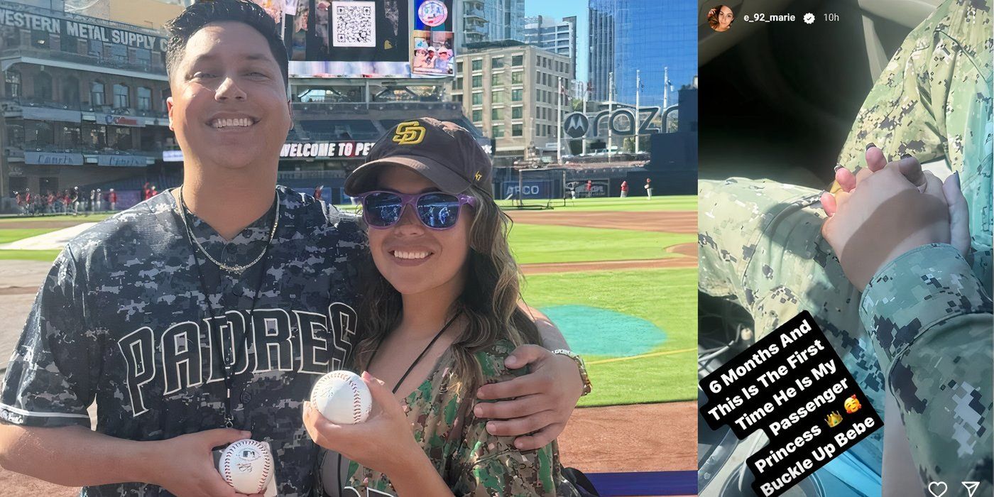 Liz 90 Day Fiance com Jayson em um evento de beisebol posando e Jayson em uniforme de sua história no IG