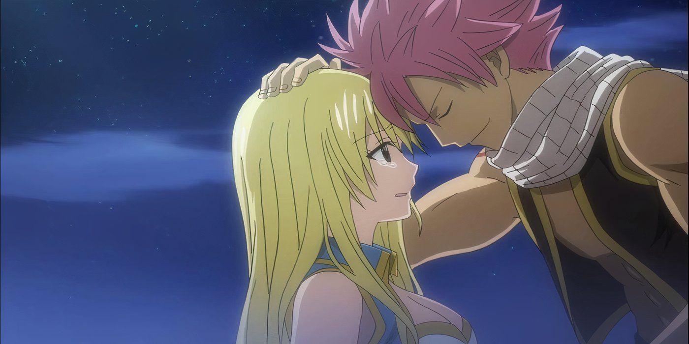 Natsu puts his head to Lucy's as they share an intimate moment together at night in Fairy Tail.