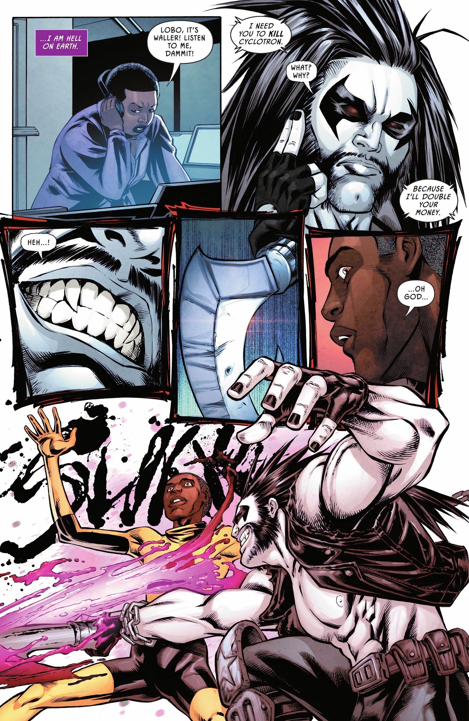 Six panels of Lobo killing Cyclotron on orders from Amanda Waller