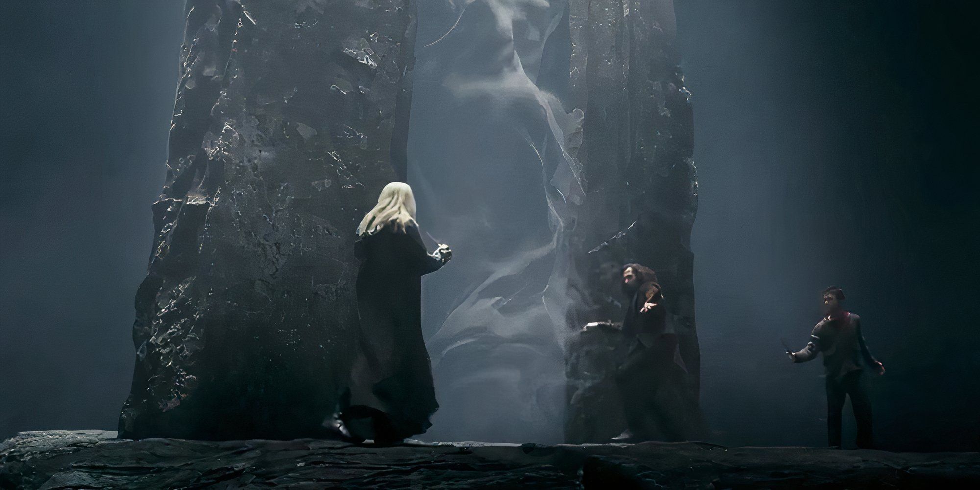 Lucius, Sirius, and Harry duel in front of the Veil