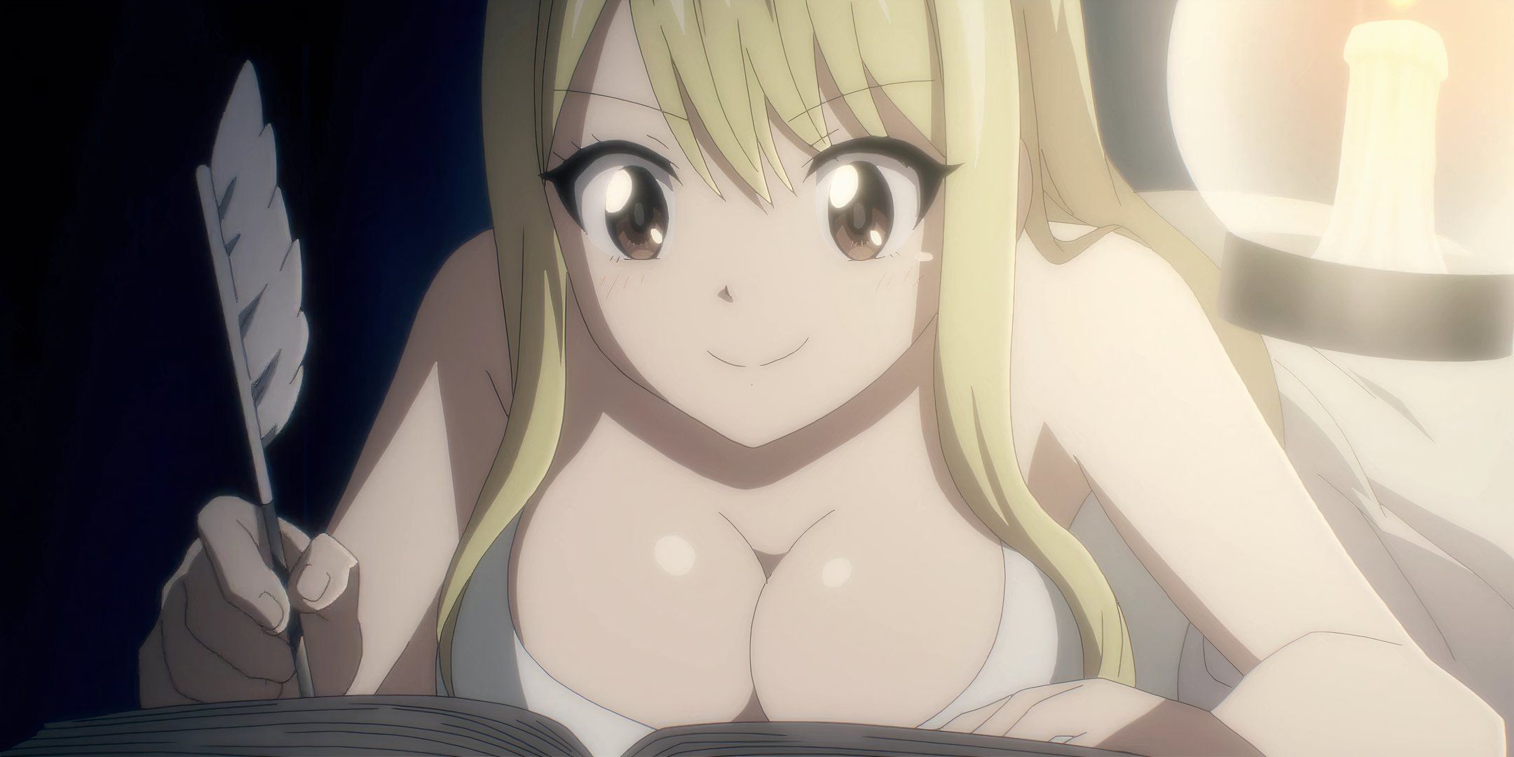 Lucy writes in her diary while lying down in Fairy Tail 100 Years Quest