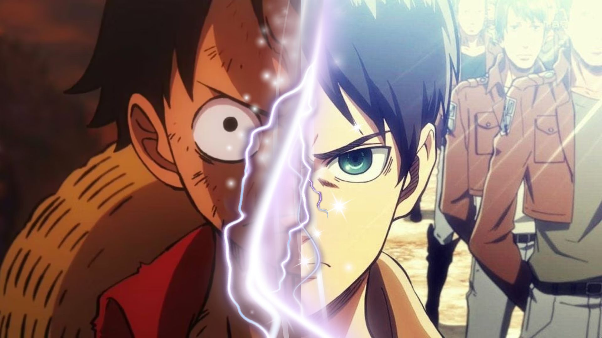 Luffy and Eren&rsquo;s half faces in a collage image with lighting effects in the middle