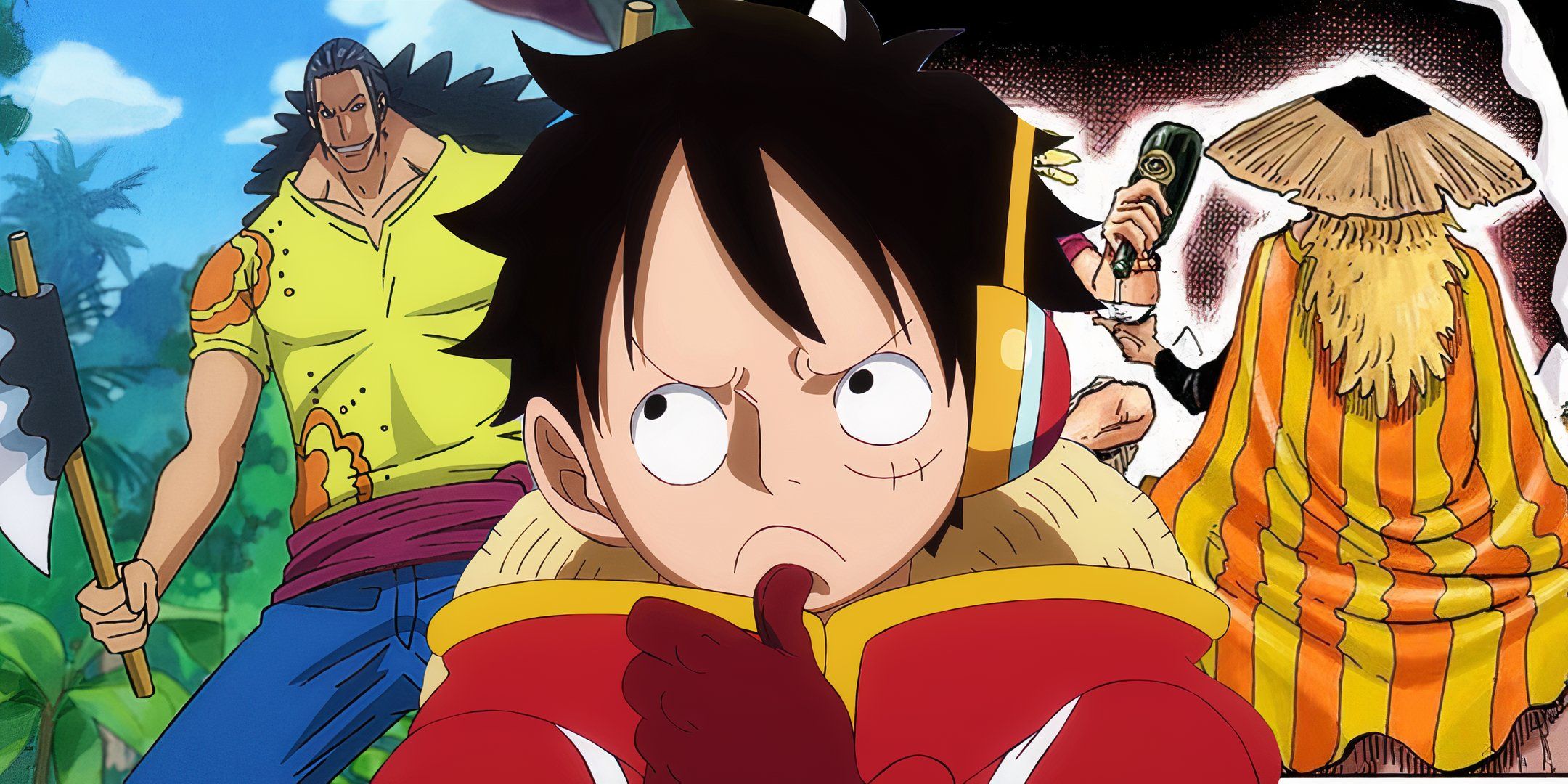 Luffy de One Piece como se ve en Egghead con su pulgar en su barbilla pensando profundamente con un joven Scopper Gabban en el fondo a la izquierda y una figura encapuchada con un sombrero de una historia de portada a la derecha.