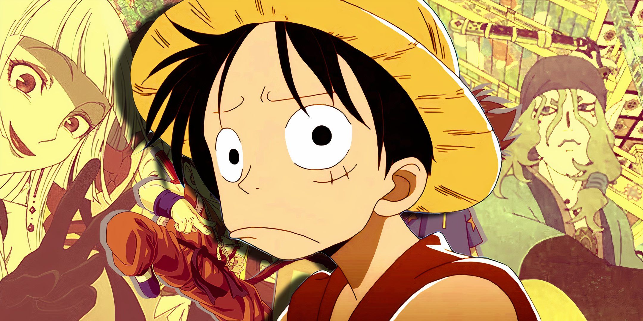 luffy frowning with a collage of characters from toei anime in the background