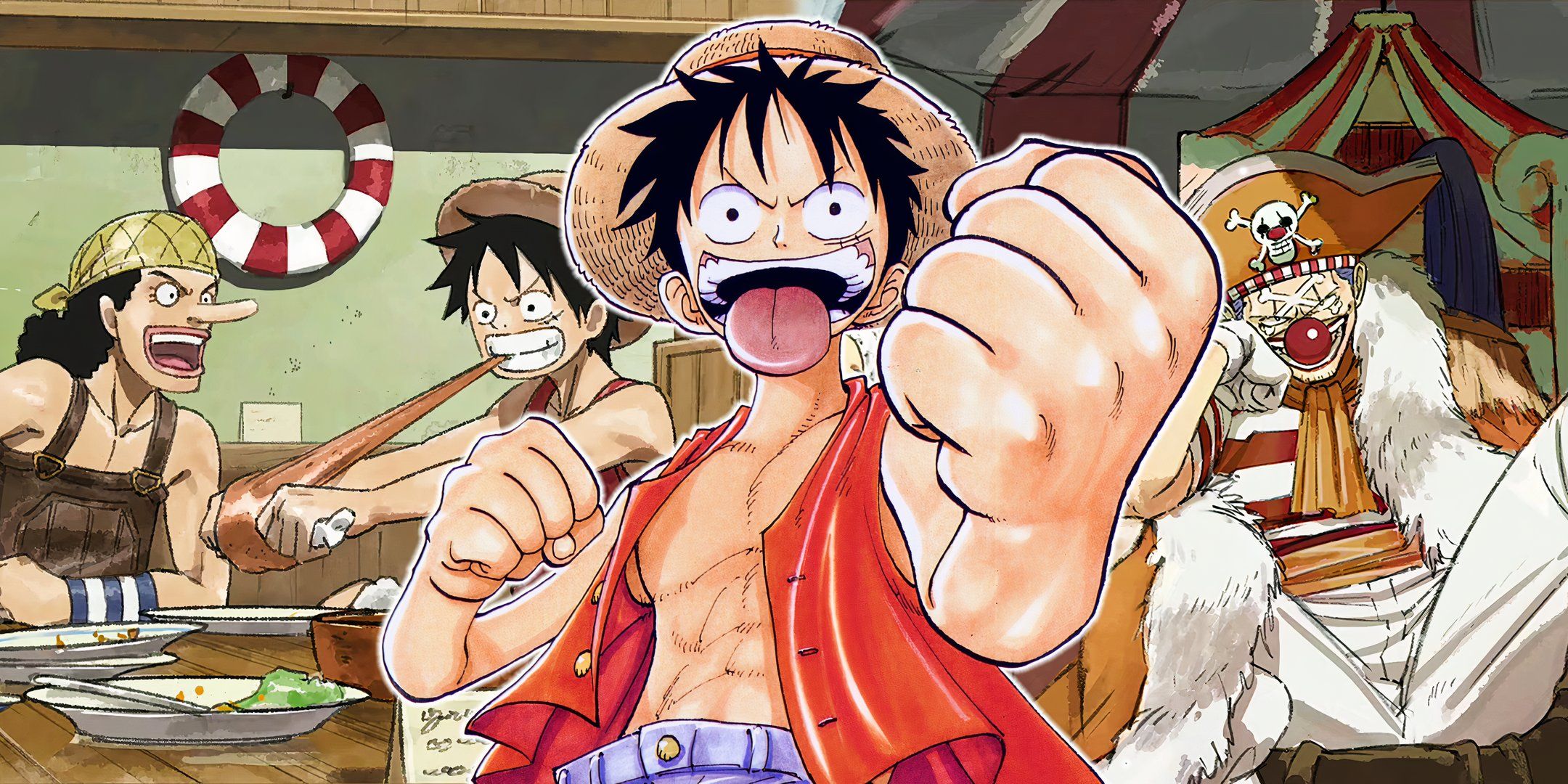 Luffy holds up a fist with his tongue hanging out and in the background is a concept art for the One Piece remake featuring Buggy, Usopp and Luffy.