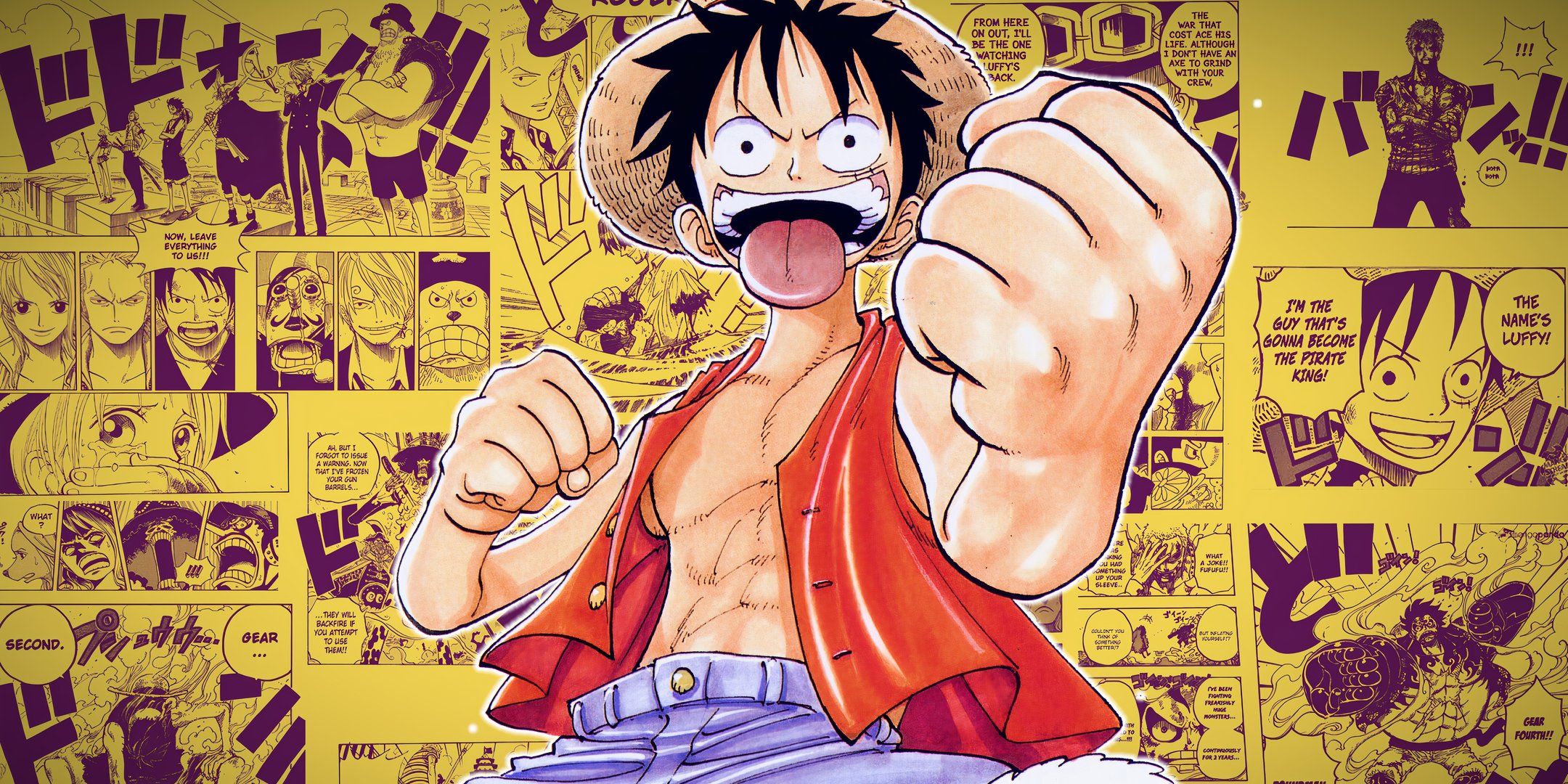 Luffy segurando o punho e mostrando a língua com painéis de mangá de One Piece ao fundo