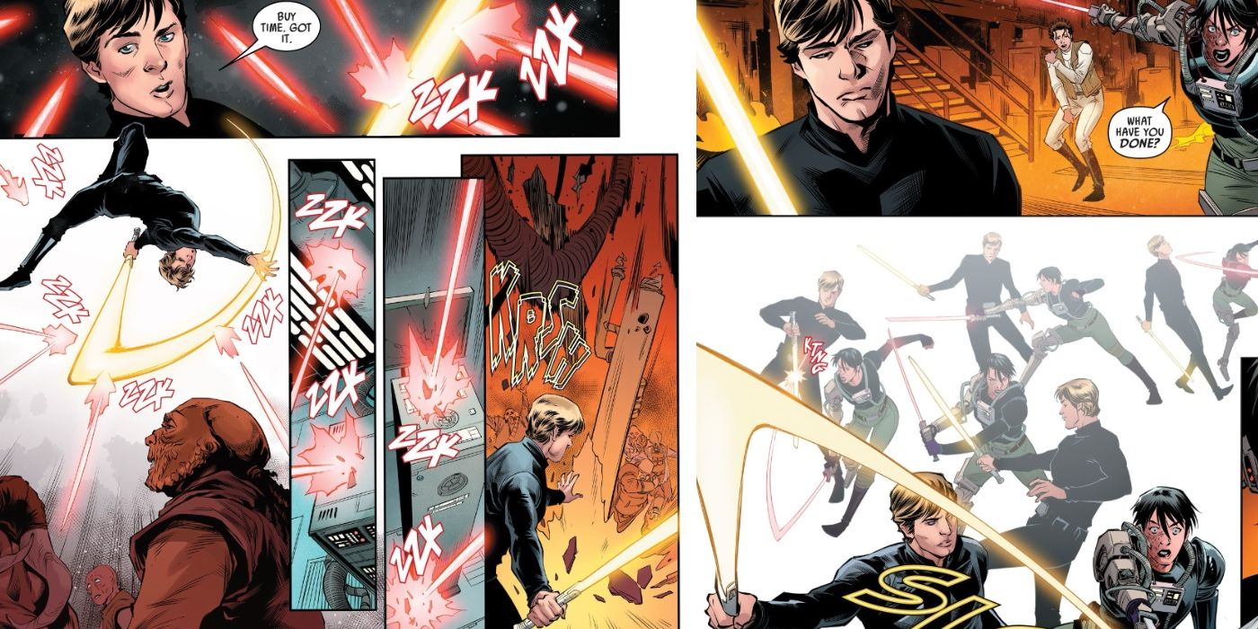 Luke Skywalker empuñando un sable de luz amarillo en Star Wars #49