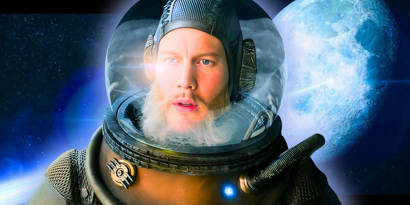 Luther Hargreeves (Tom Hopper) looks surprised in a spacesuit with the moon behind him from The Umbrella Academy season 1.