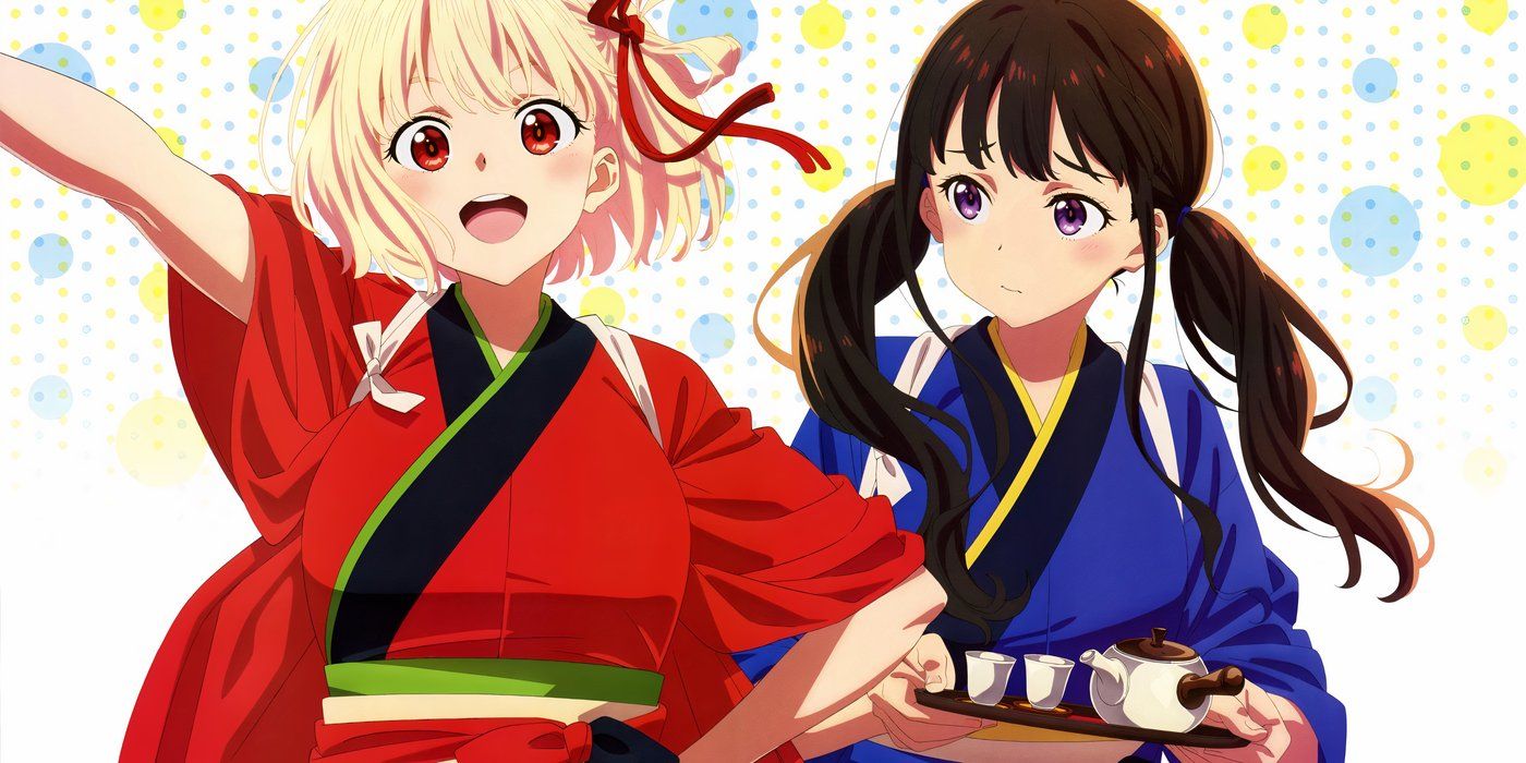 Nishikigi Chisato waving forward and Inoue Takina nervously holding tea behind her in their Café LycoReco uniforms in Lycoris Recoil Official Artwork