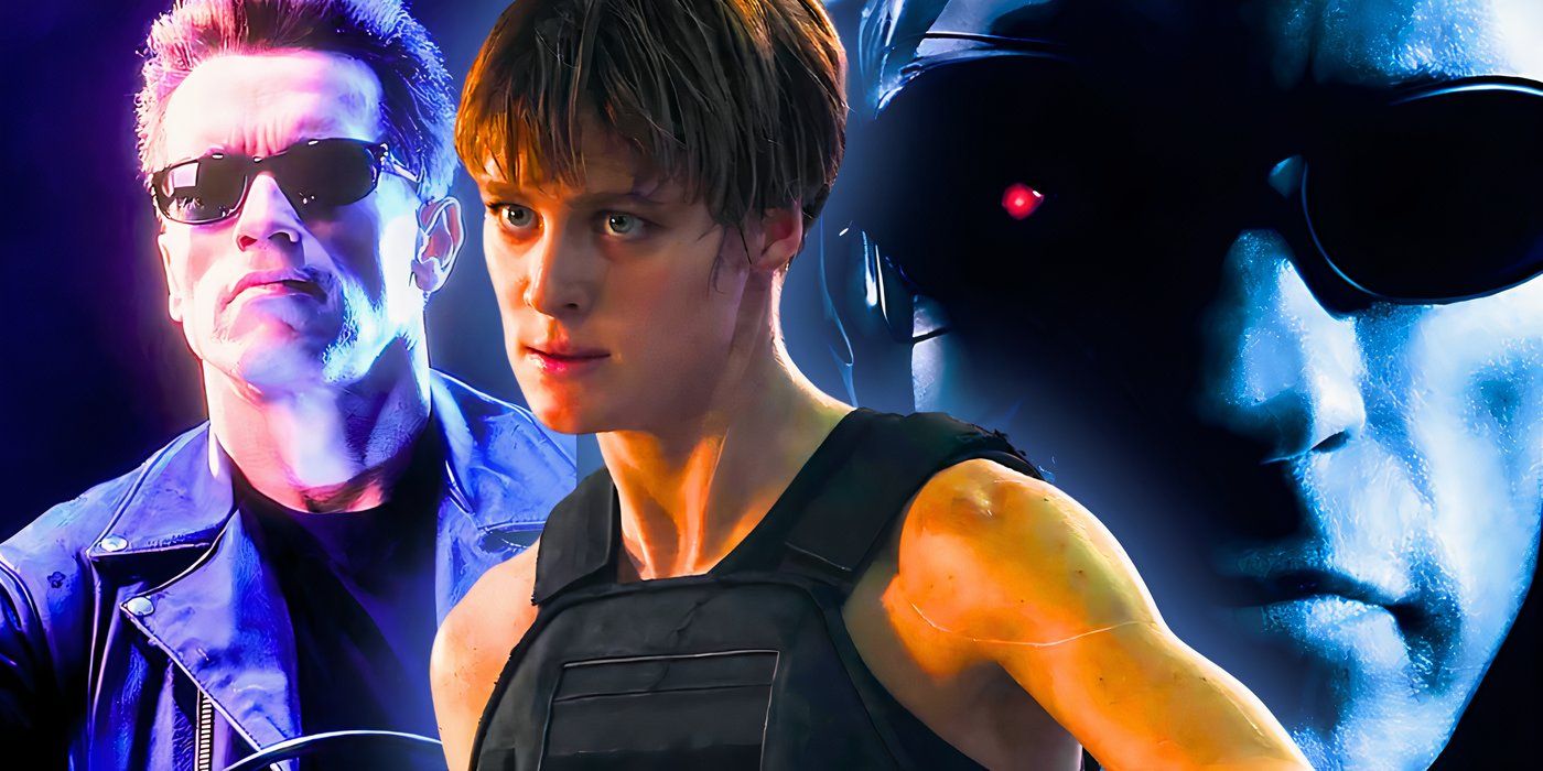 Collage of Mackenzie Davis in Terminator: Dark Fate and Arnold Schwarzenegger as the Terminator