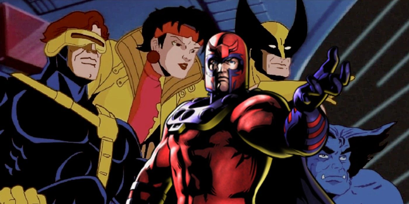 Magneto holds his hand up as a screenshot of X-Men &lsquo;97 is behind him showing Jubilee, Beast, Cyclops, and Wolverine.