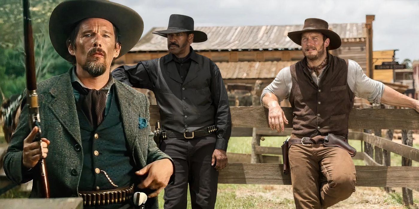 Collage of Ethan Hawke, Denzel Washington and Chris Pratt all in cowboy hats in The Magnificent Seven