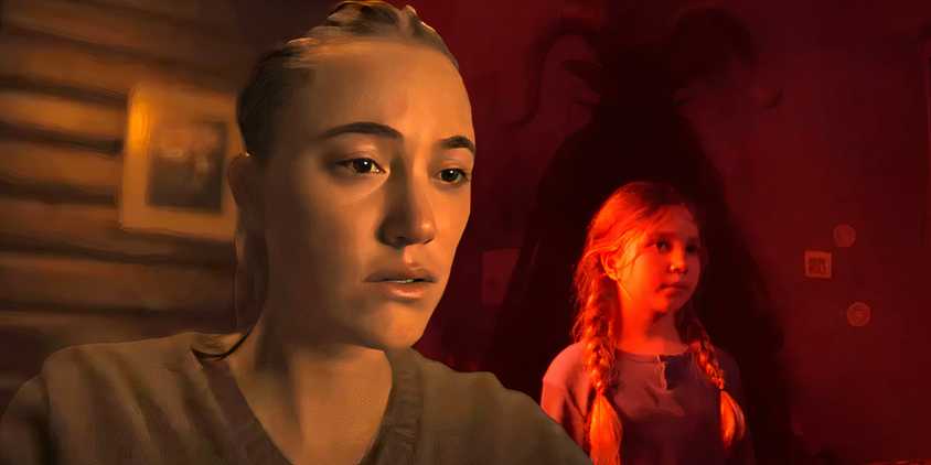 Maika Monroe as Lee looking stoicly next to young Lee with Satan behind her in Longlegs