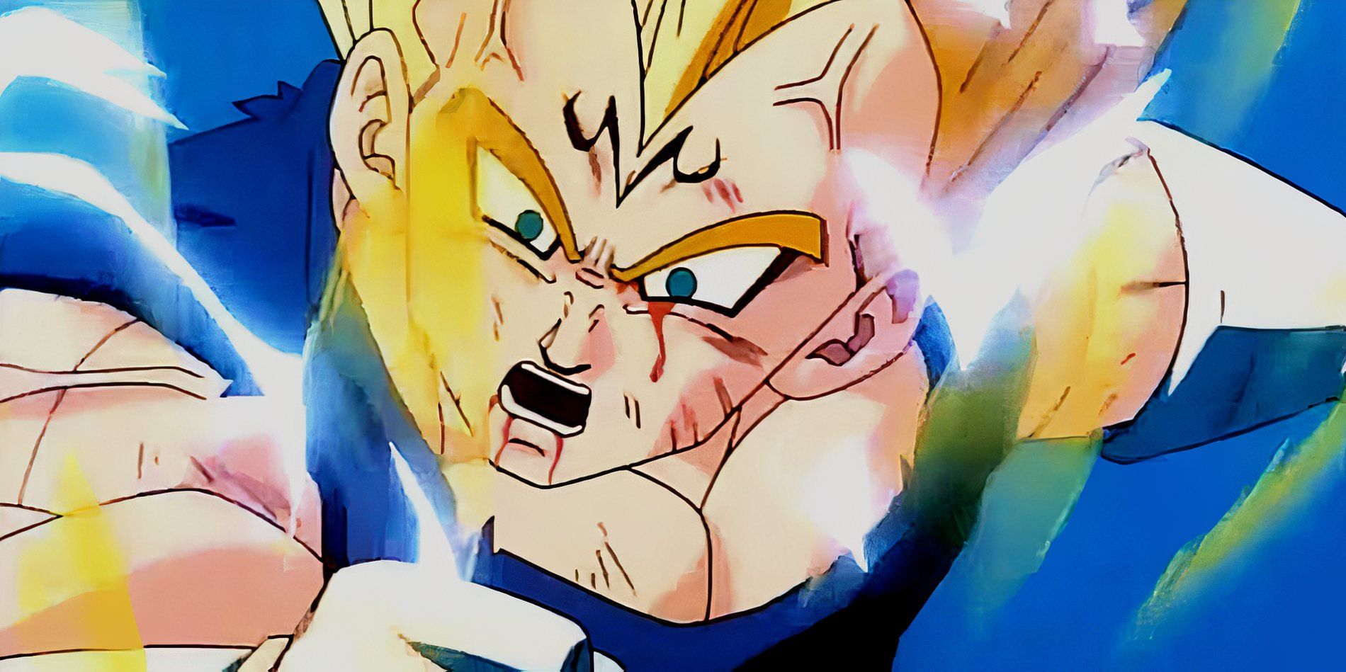 Majin Vegeta colpisce Goku contro il fianco di una montagna in Dragon Ball Z