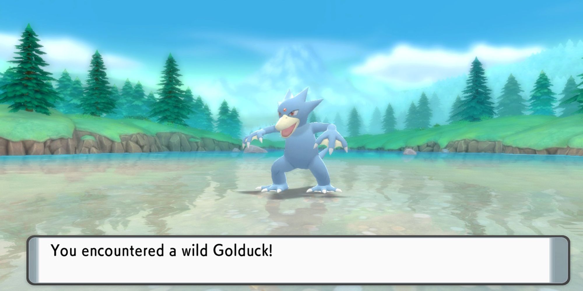 Treinador Masculino Enfrentando Golduck Selvagem No Lago Calmo Da Montanha Em Pokémon Brilliant Diamond E Shining Pearl