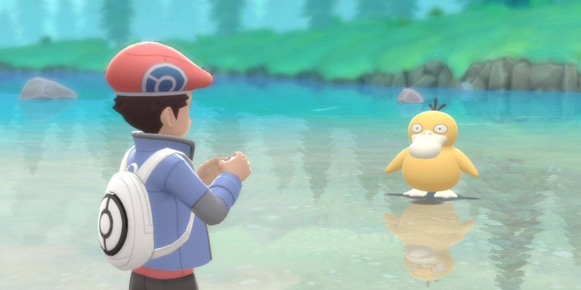 Treinador Masculino Enfrentando Psyduck Selvagem Em Lago Calmo Da Montanha Em Pokémon Brilliant Diamond E Shining Pearl