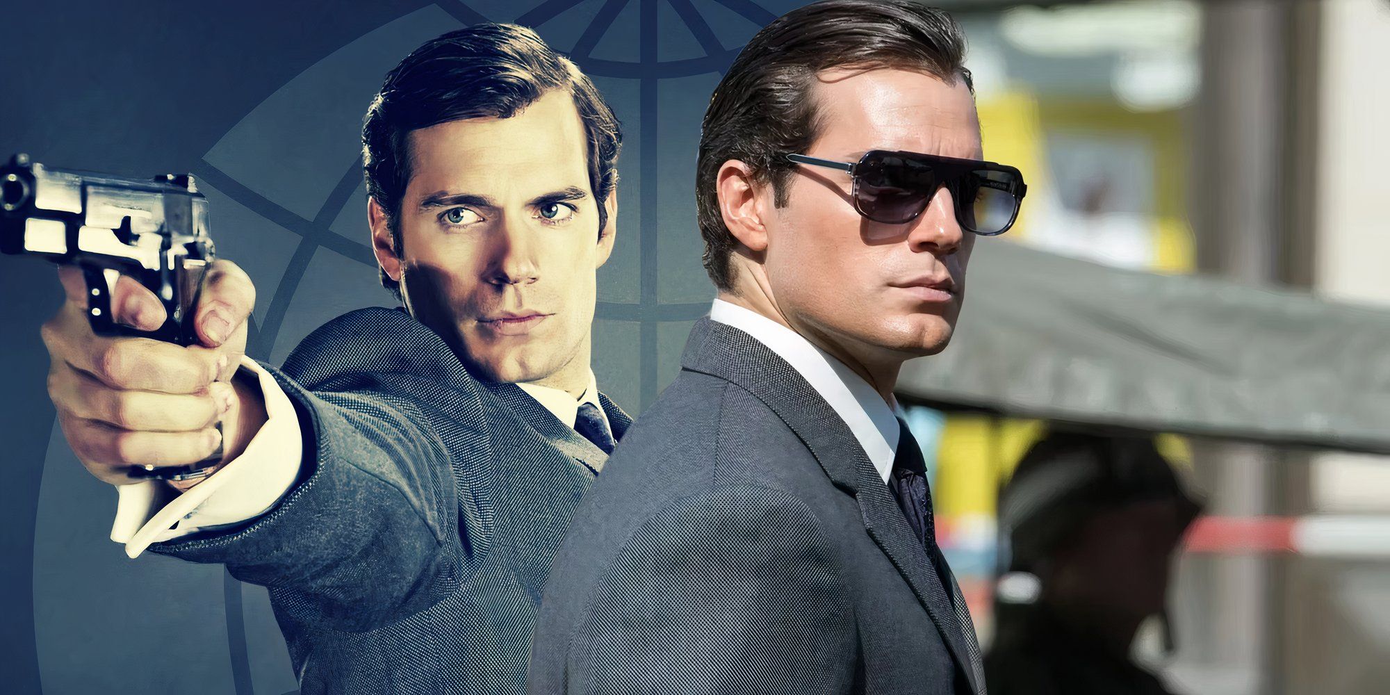 A composite image of Henry Cavill looking on with sunglasses and Cavill aiming a pistol in The Man from U.N.C.L.E