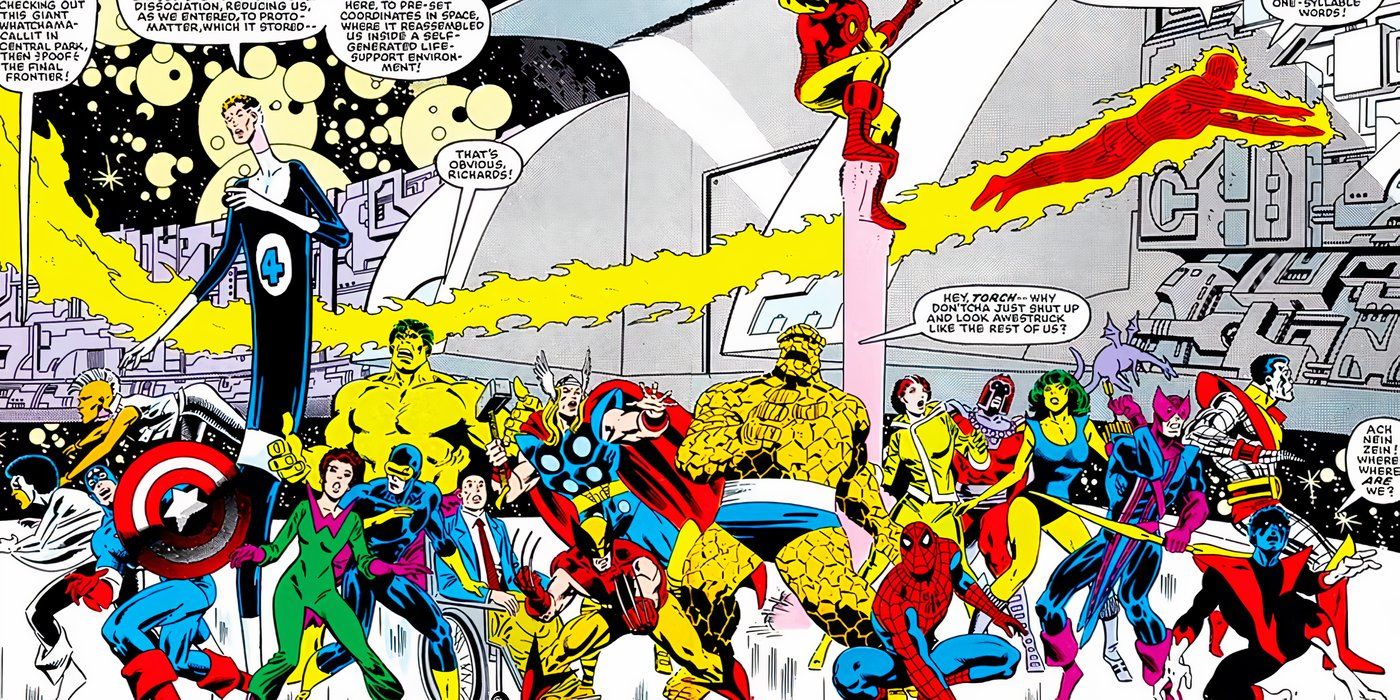 Muitos heróis da Marvel no evento Secret Wars de 1984