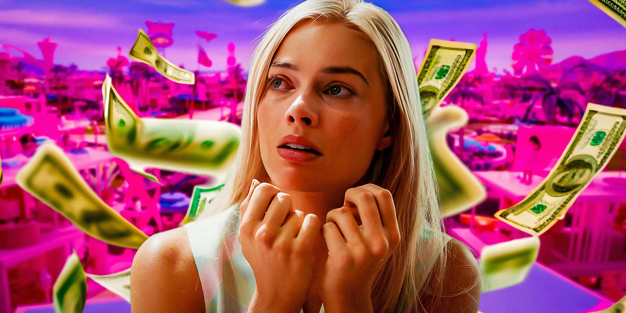 Margot Robbie en Barbie llorando frente a billetes de un dólar flotantes