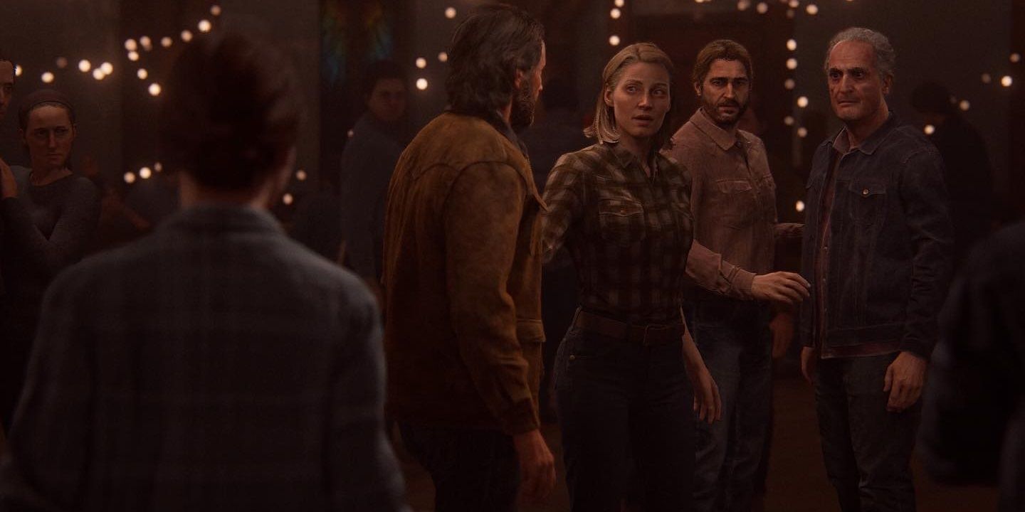 Maria and Tommy stand between Joel and Seth in The Last of Us Part II