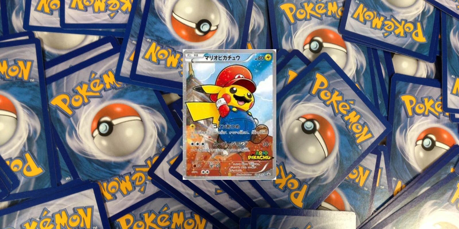 Mario Pikachu crossover card against a background of Pokémon Trading Card Game card backs.