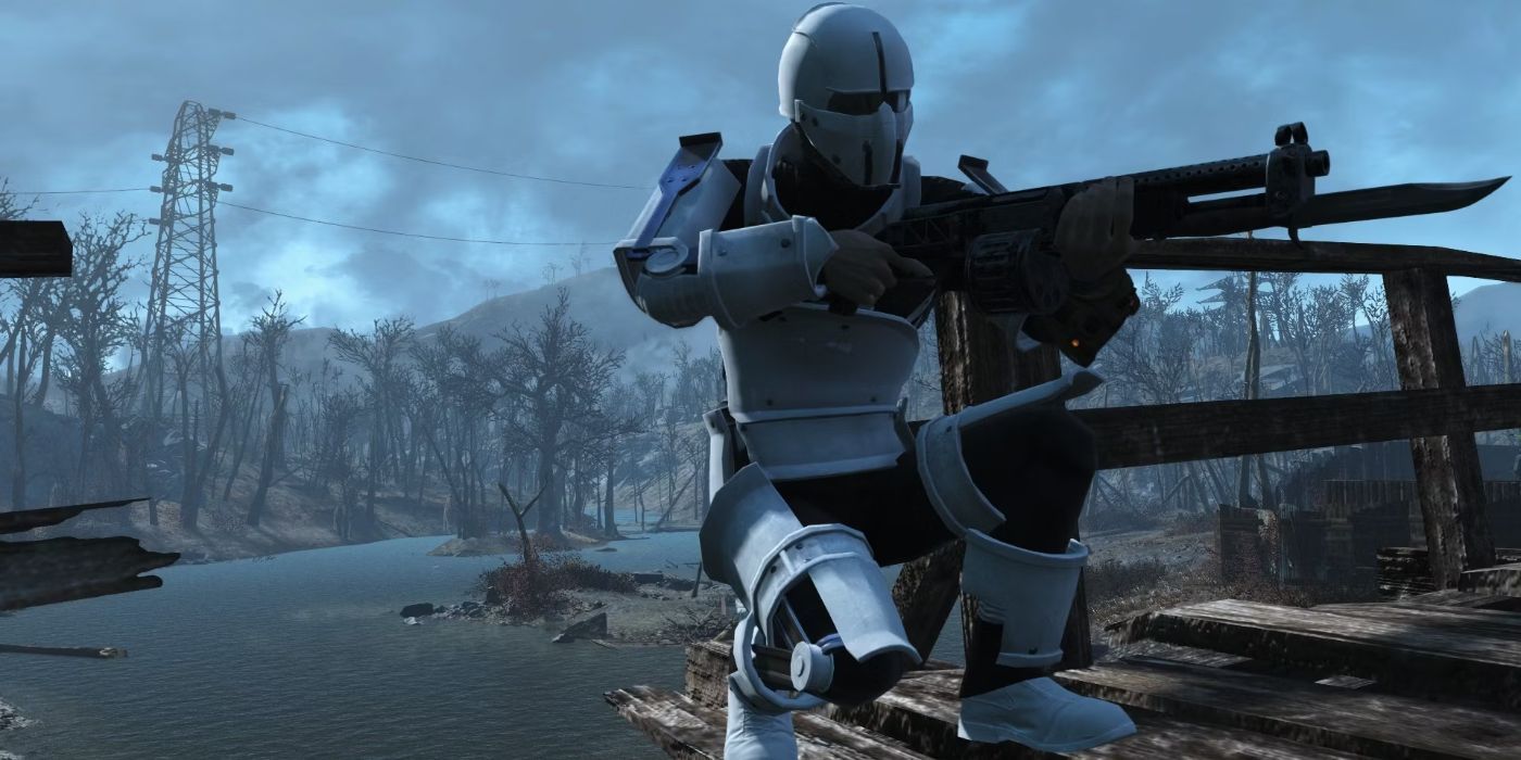 Player crouching in stealth-mode, aiming their weapon while wearing the Mark 3 Synth Armor set in Fallout 4.