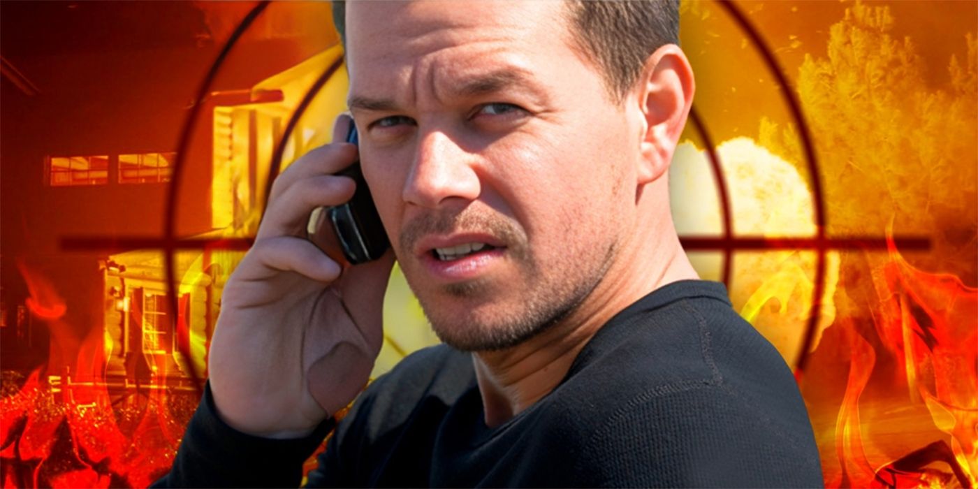 Mark Wahlberg as Bob Lee Swagger in Shooter in Front of a Crosshair Symbol and a Burning House
