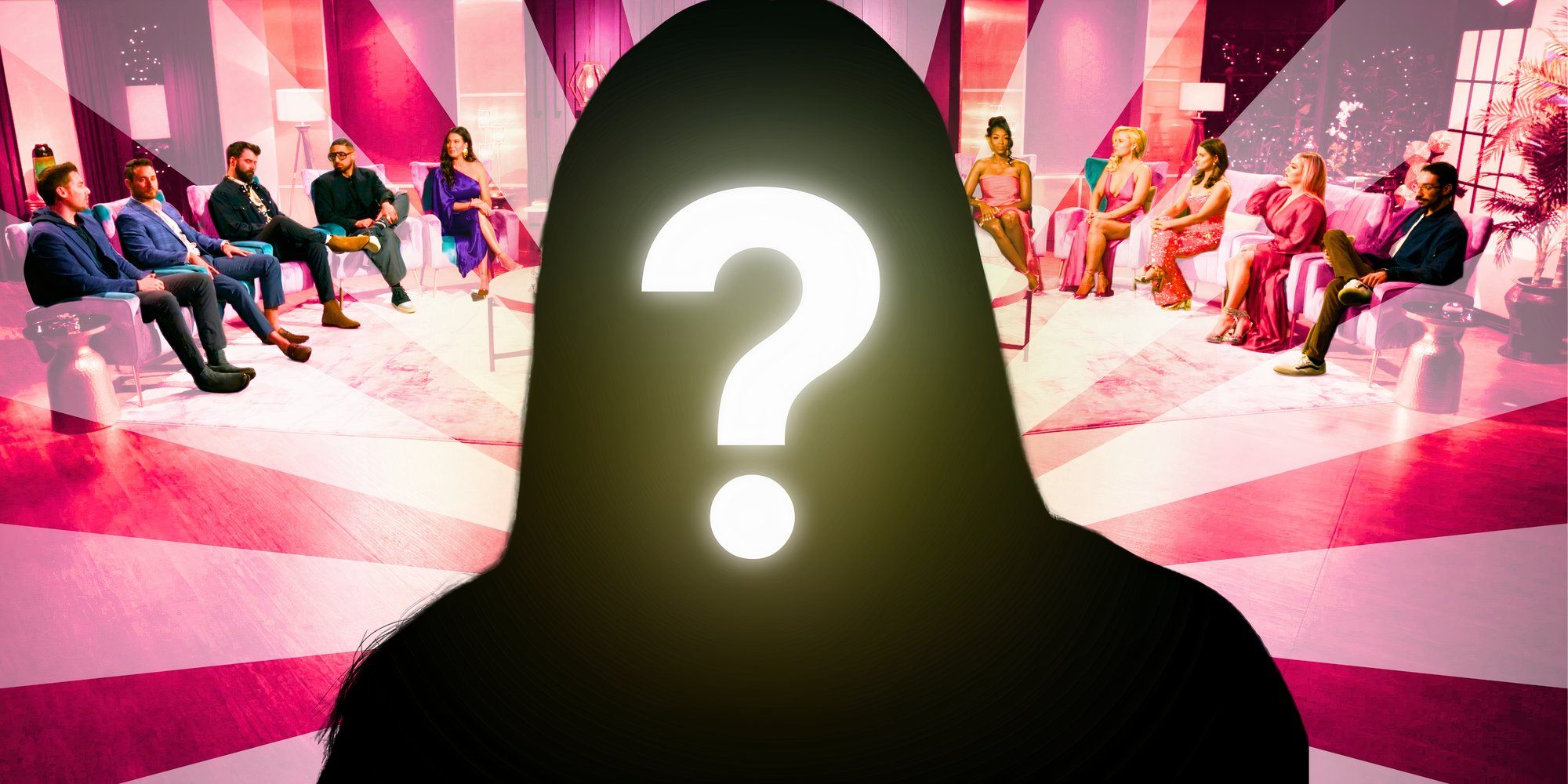 married at first season 17 cast with a mystery figure and red and white background