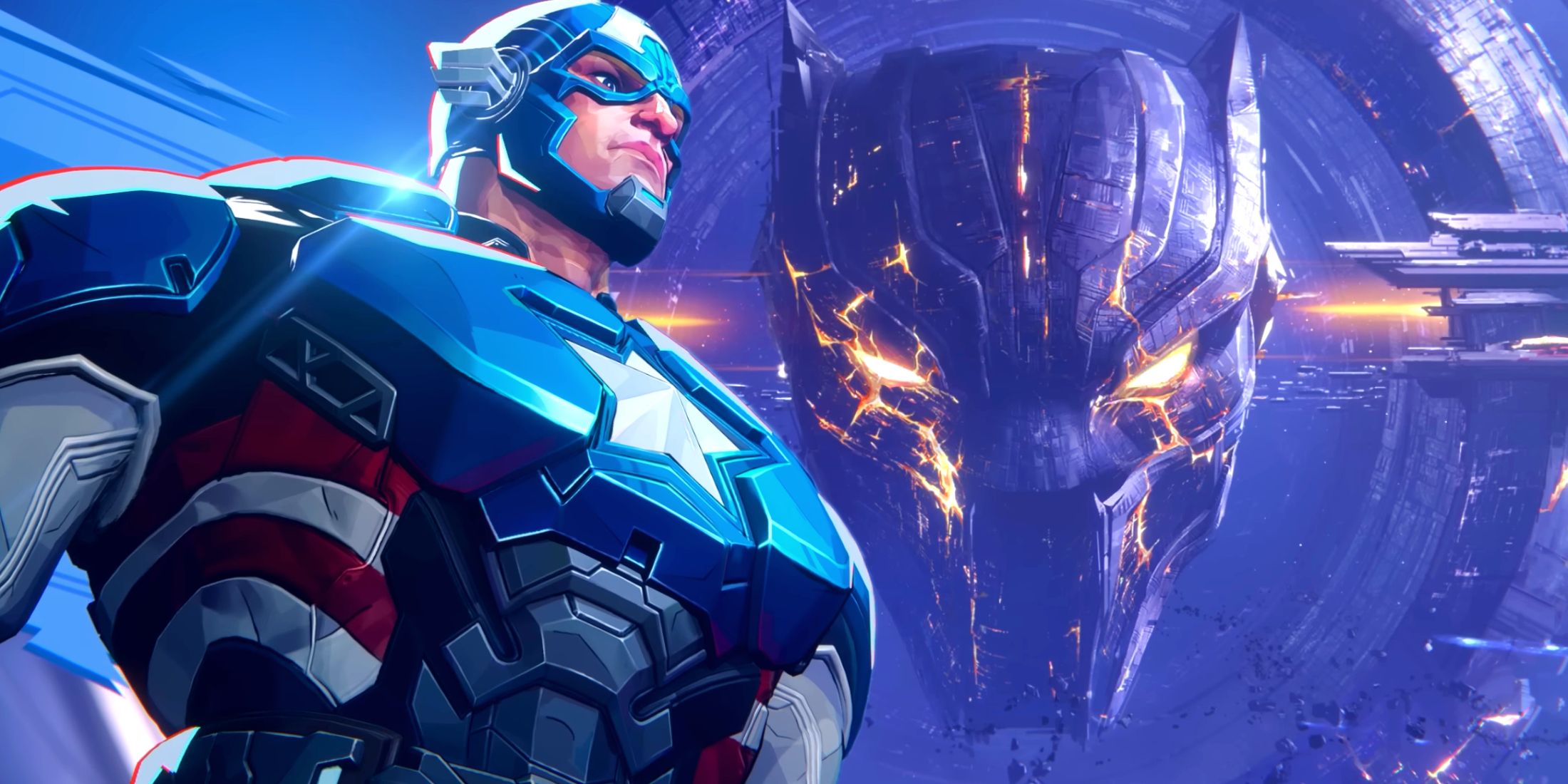 Captain America from Marvel Rivals next to a space station that looks like Black Panther's mask.