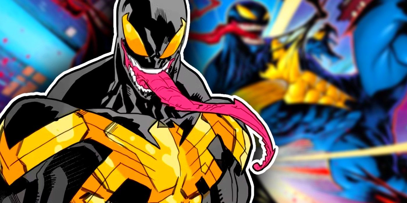 A close-up Marvel&rsquo;s new Golden Venom (foreground) and an action shot in the background.