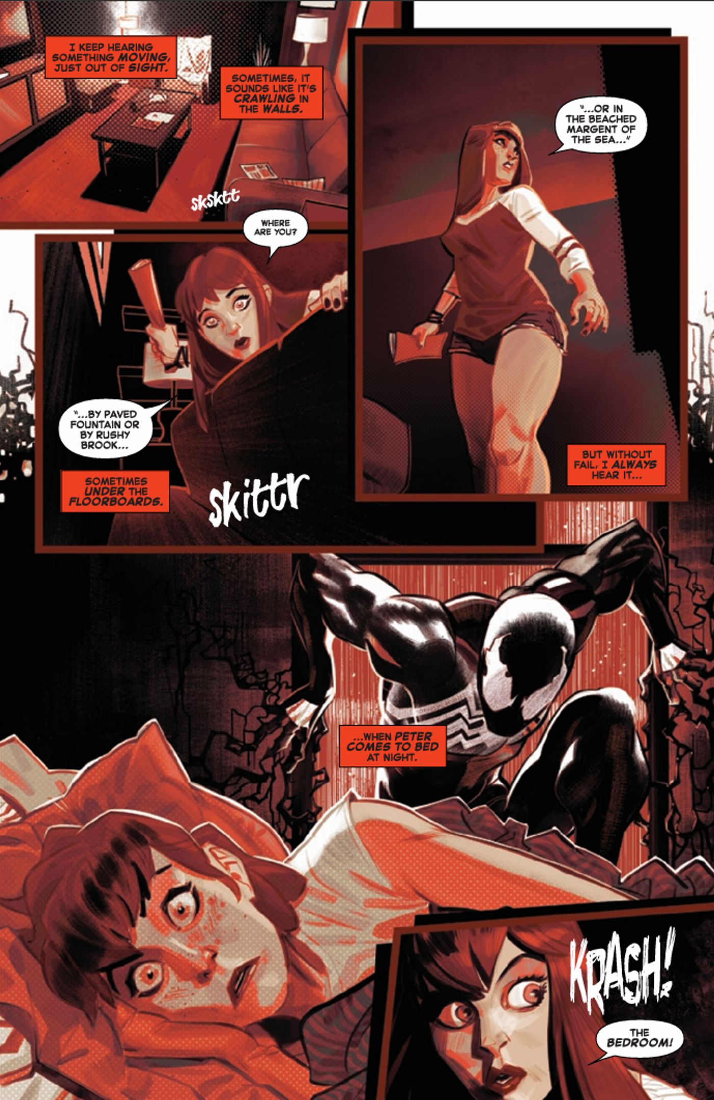 "Dentro da Casa", Mary Jane é acordada por um barulho, enquanto o simbionte Venom espreita pela casa.