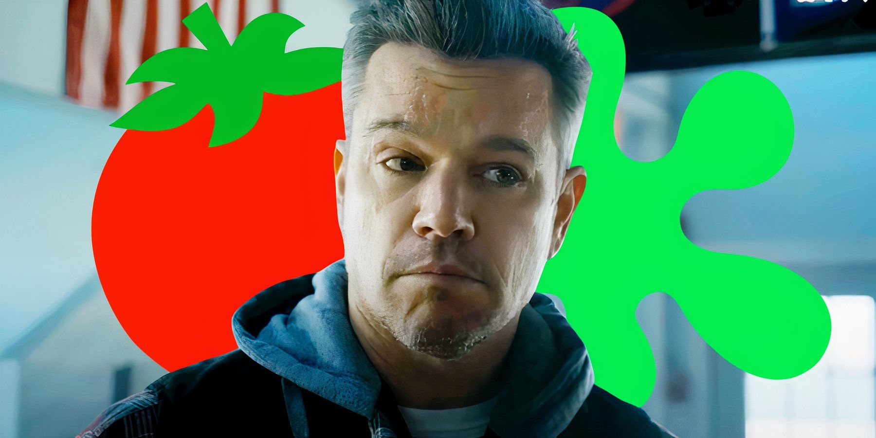 Matt Damon The Instigators with Rotten Tomatoes fresh and logos on the back of his head