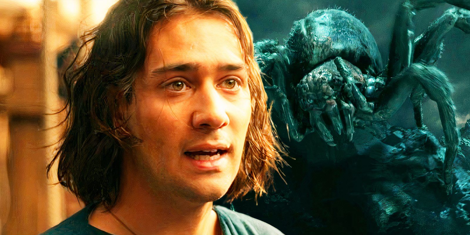 Maxim Baldry as Isildur in The Rings of Power season 1 juxtaposed with Shelob from The Lord of the Rings The Return of the King