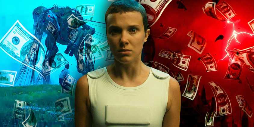 Millie Bobby Brown as Eleven from Stranger Things in front of a blue and red background