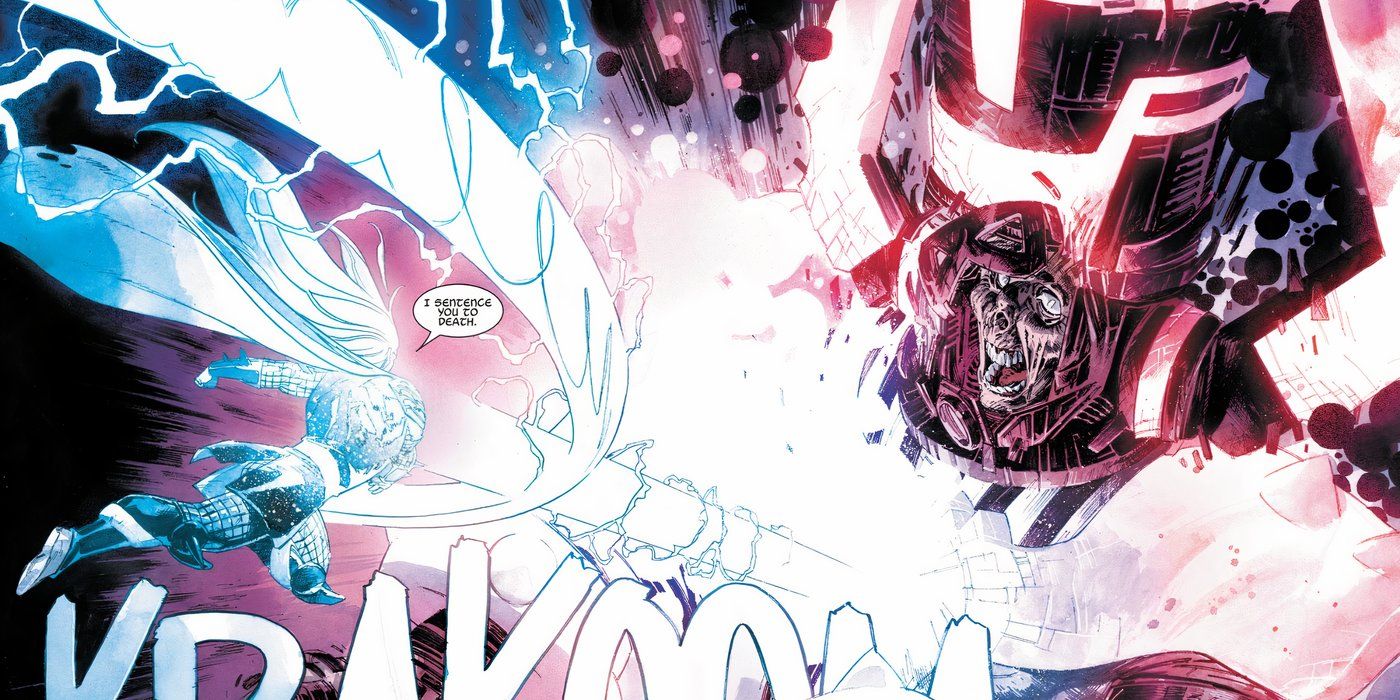 Thor jogando Mjolnir no peito de Galactus, matando-o.