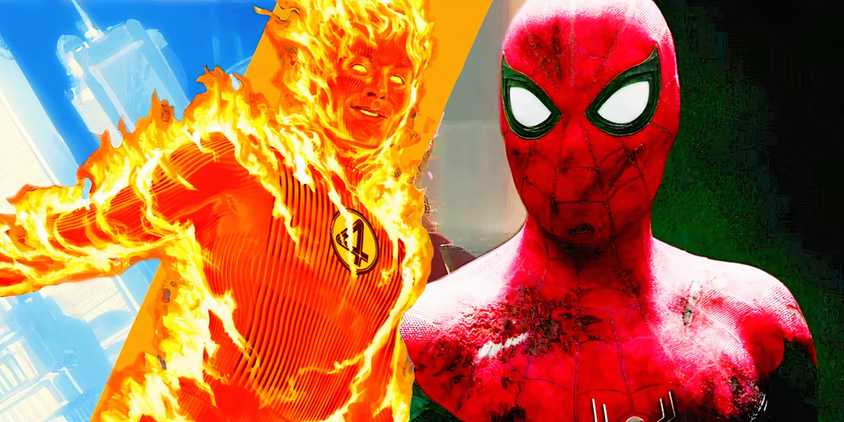 MCU Spider-Man battle worn to the right and comic Human Torch flying in flames to the left