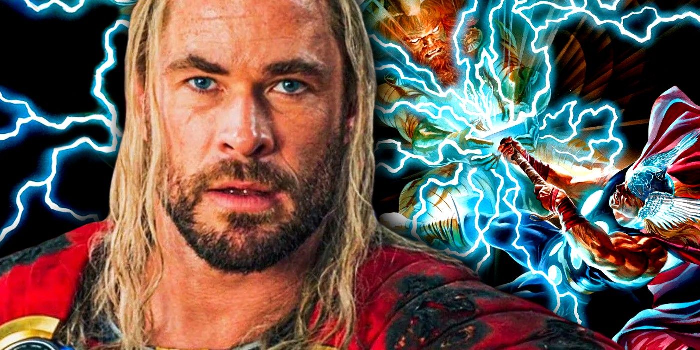 mcu thor in front, alex ross art of thor fighting zeus in back