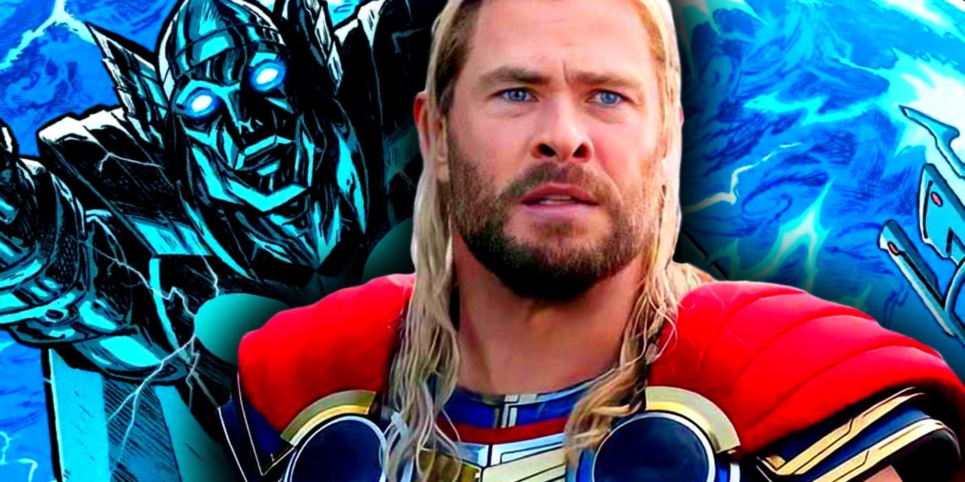 mcu thor in front, gigantic thor statue with comic art behind