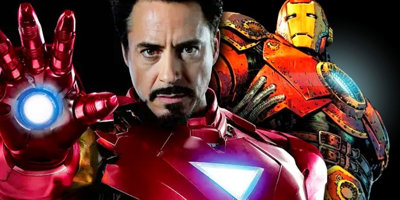 mcu tony stark with comic improvised iron man armor