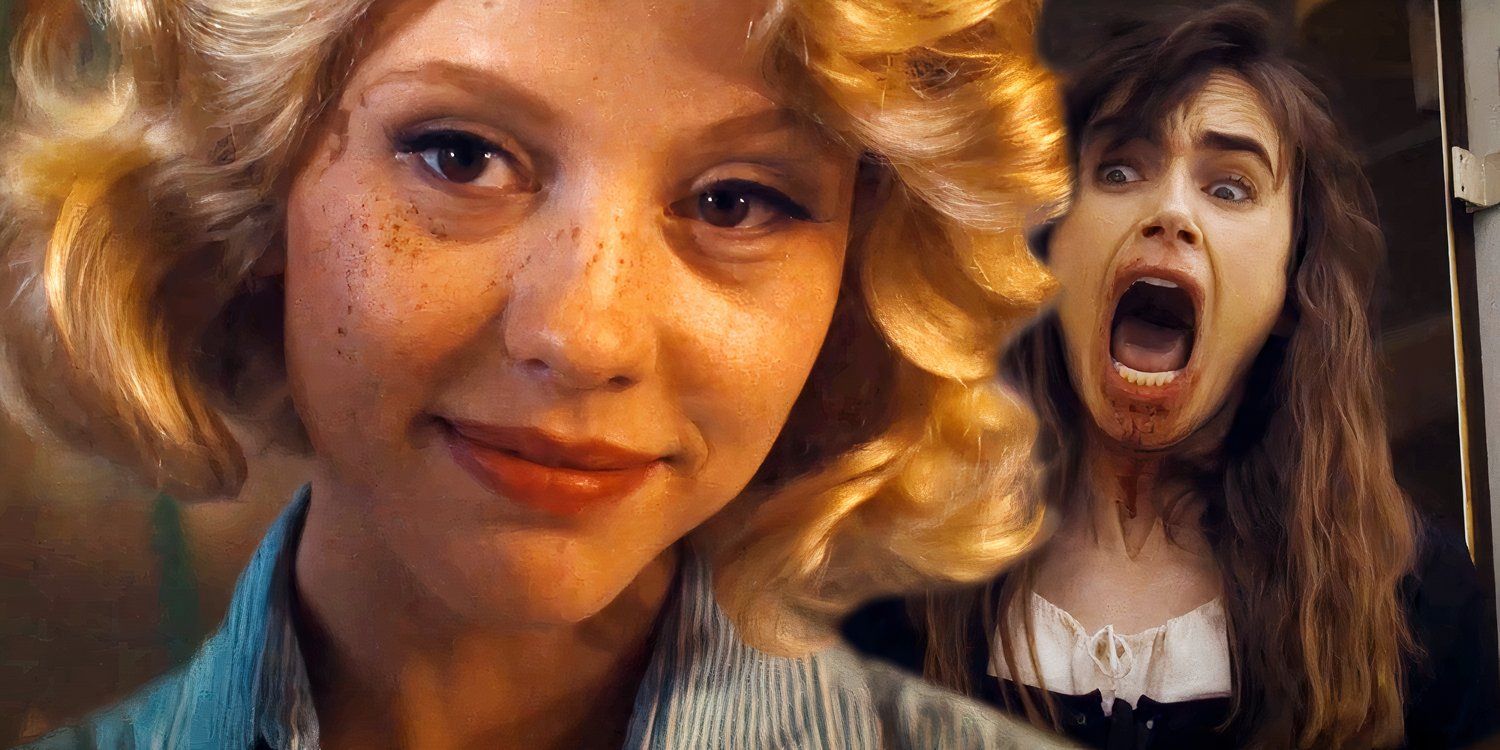 Mia Goth as Maxine smiling while Lily Collins screams in MaXXXine