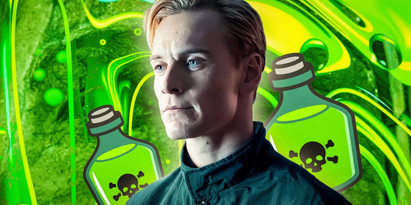 David de Michael Fassbender de Prometheus em frente a frascos de veneno de desenho animado