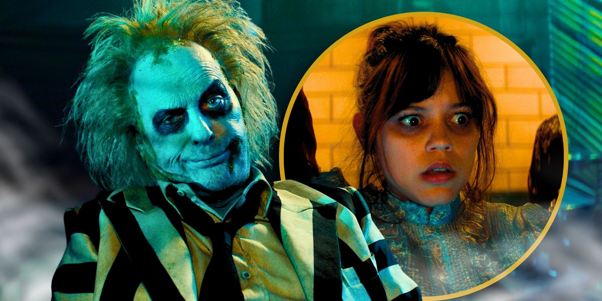 Michael Keaton smirking in Beetlejuice Beetlejuice combined with Astrid looking terrified