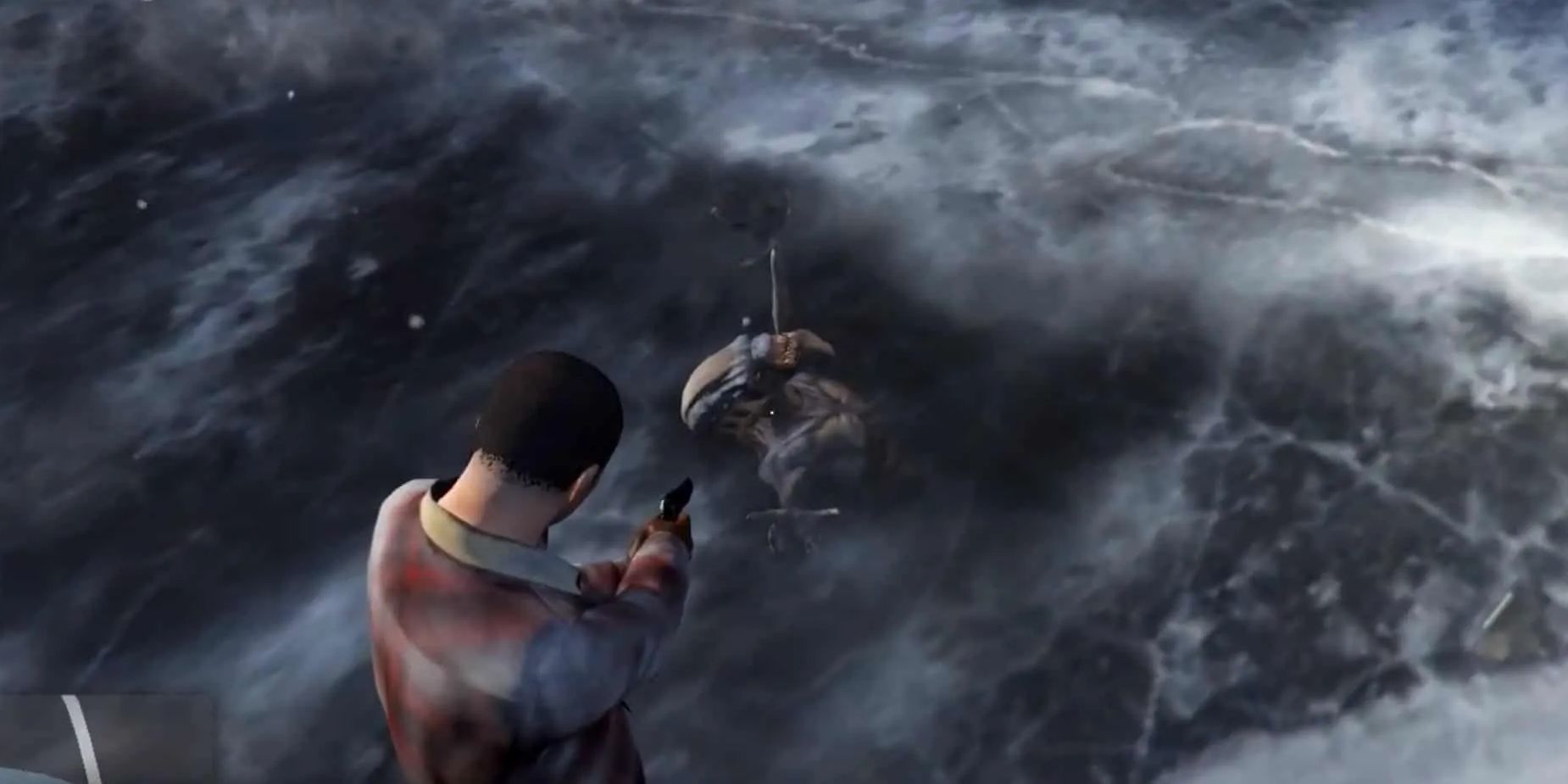 Michael points his gun at an alien frozen beneath ice in a screenshot from GTA 5.