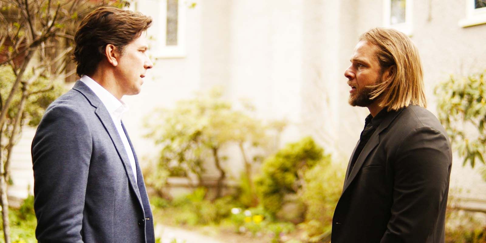 Michael Trucco as Luke Leone and Max Thieriot as Bode Leone in Fire Country season 2's finale