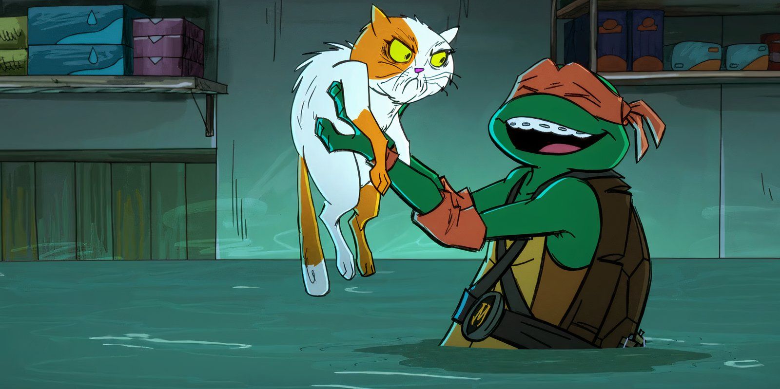 Michelangelo sorrindo enquanto segura um gato em Tales of the TMNT