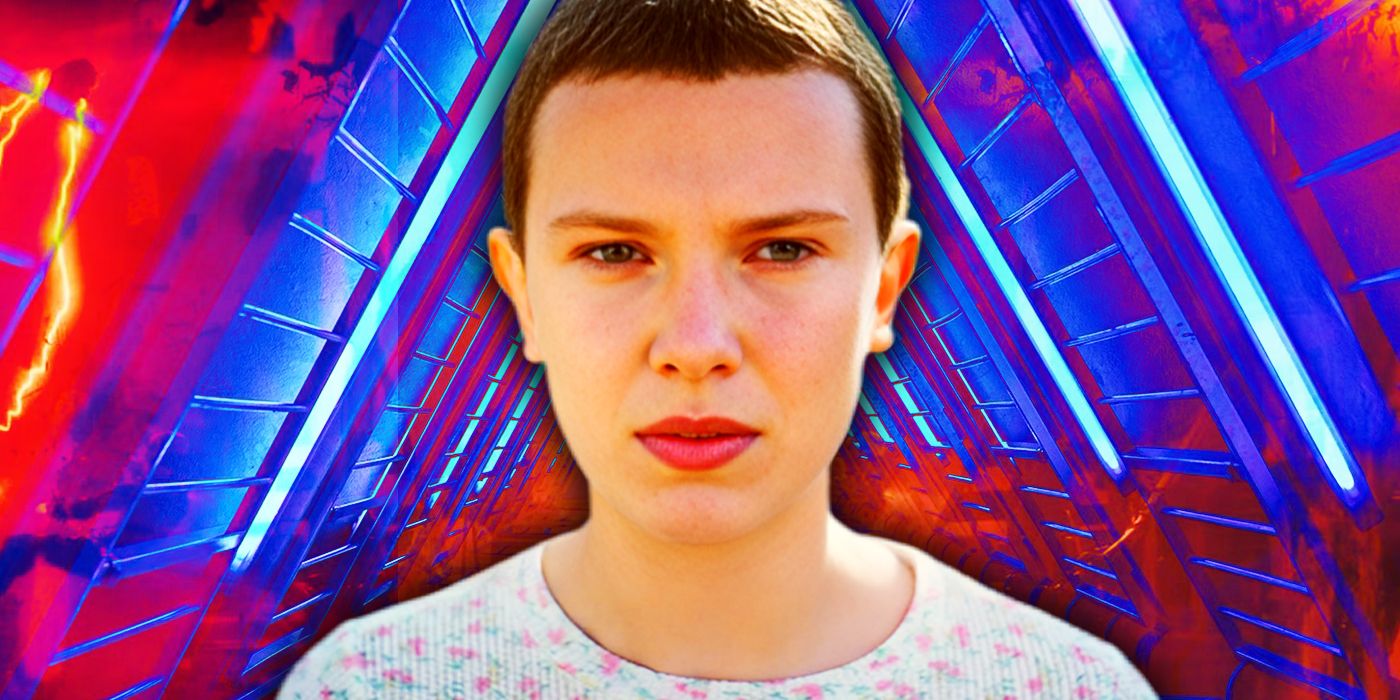 Millie Bobby Brown as Eleven in Stranger Things in Front of a Blue Triangular background