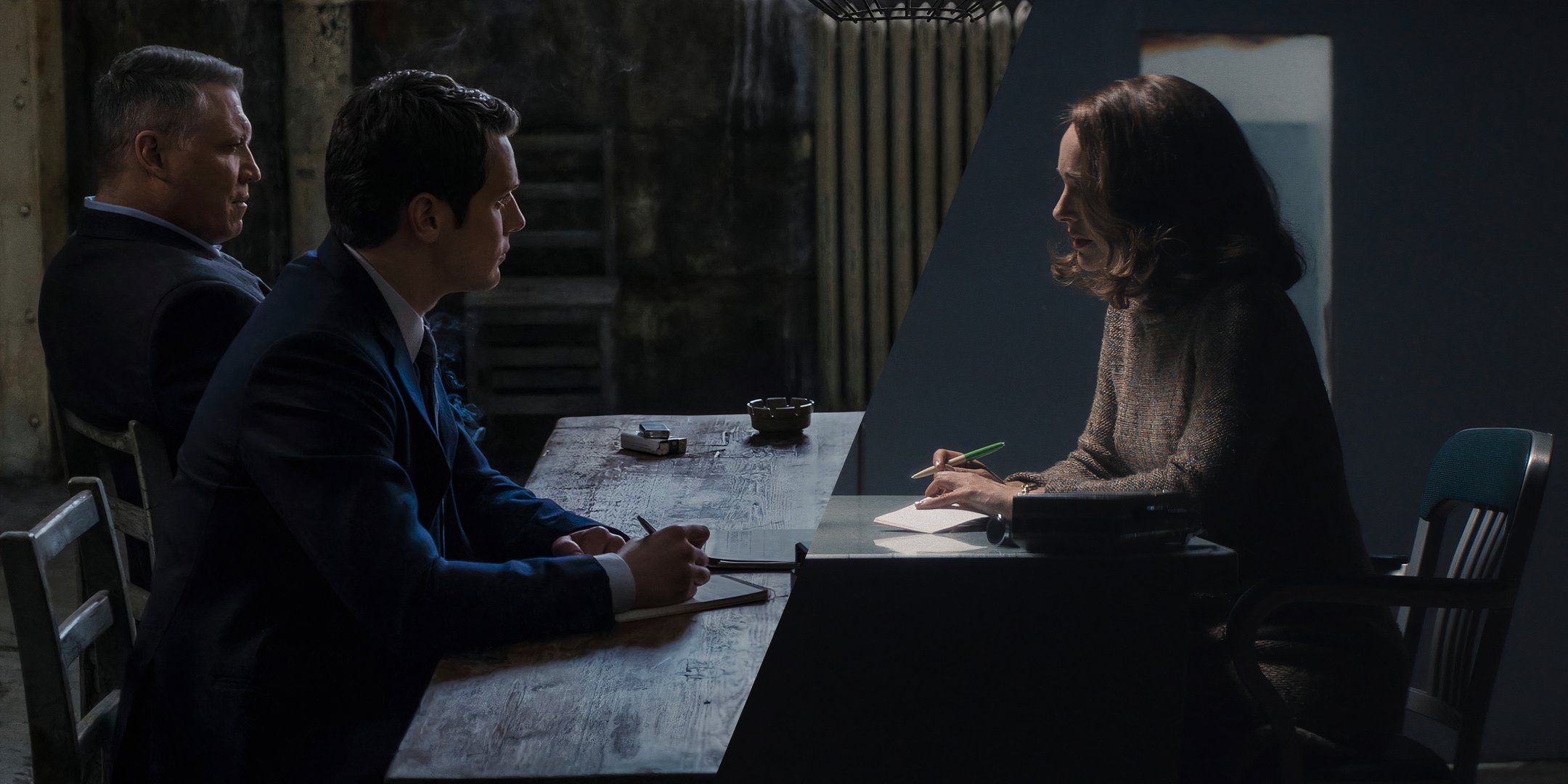 Edited image juxtaposing Mindhunter's Holden Ford (Jonathan Groff) and Bill Tench (Holt McCallany) with Lady In The Lake's Maddie Schwartz (Natalie Portman) as they interview convicted killers.