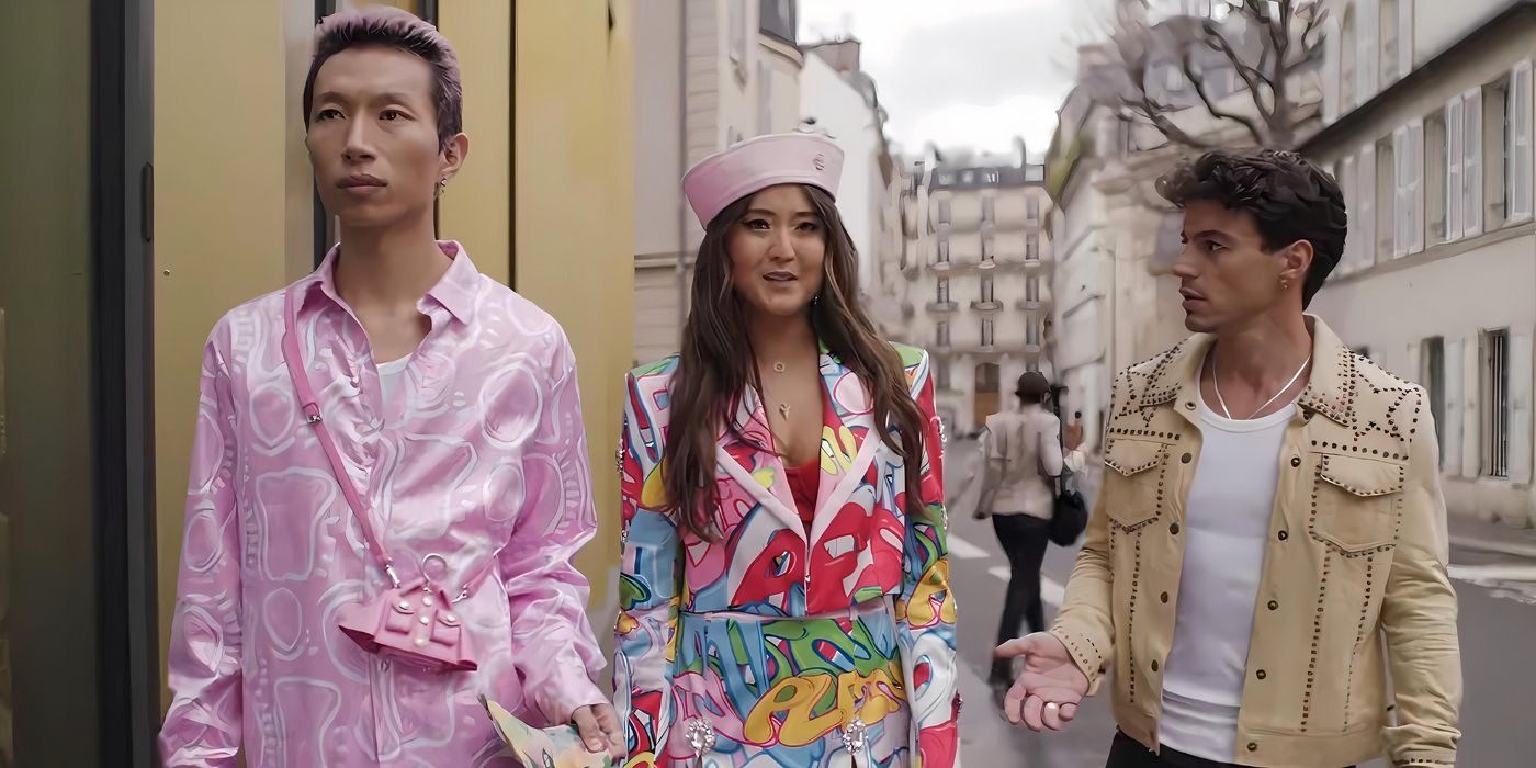 Mindy Chen (Ashley Park) walks around with her band in Emily in Paris season 4